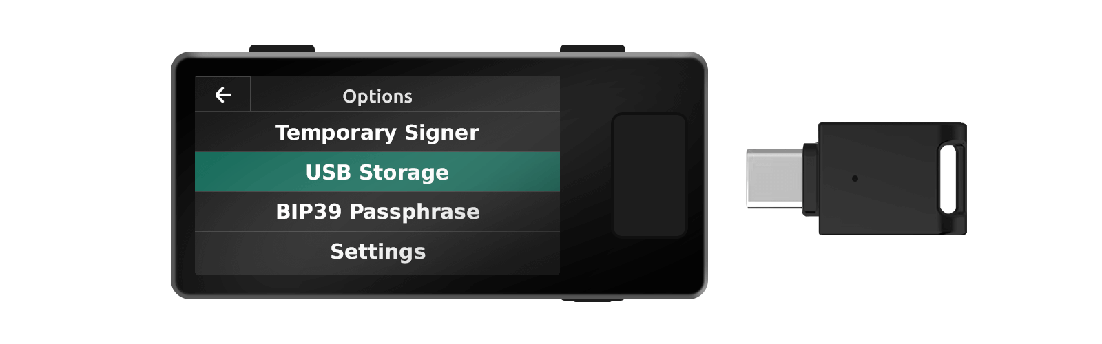 Jade Plus のメインメニューで「Options」を選択し、「USB Storage」に移動、JadeLink を接続します。