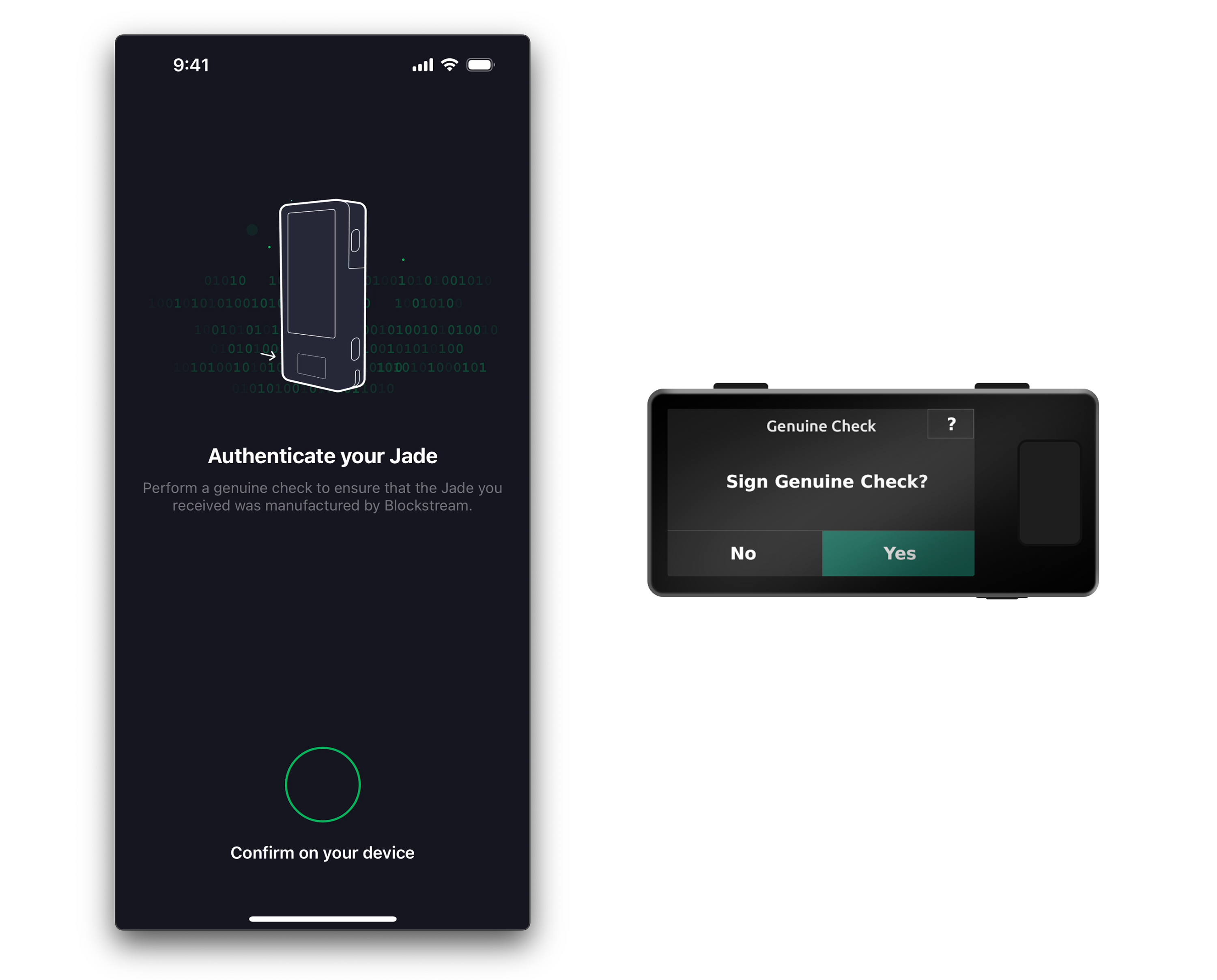 Blockstream Green ウォレットで「Genuine Check」を選択すると、Jade Plus ハードウェアウォレットの画面に確認ダイアログが表示されます。