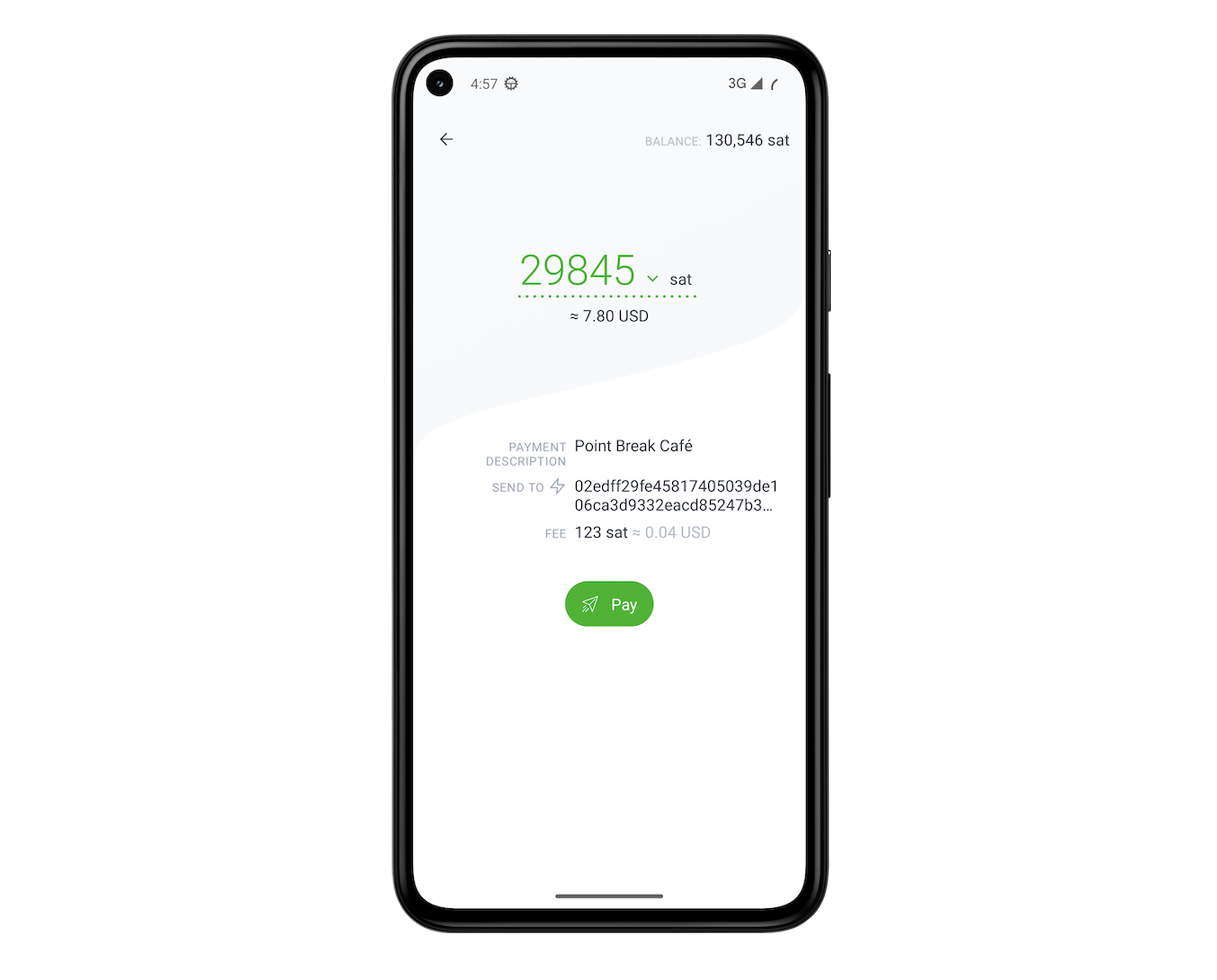 Phoenix Wallet で支払用の QRコードを読み込んだら、送金額を確認して「Pay（支払い）」ボタンを押します。