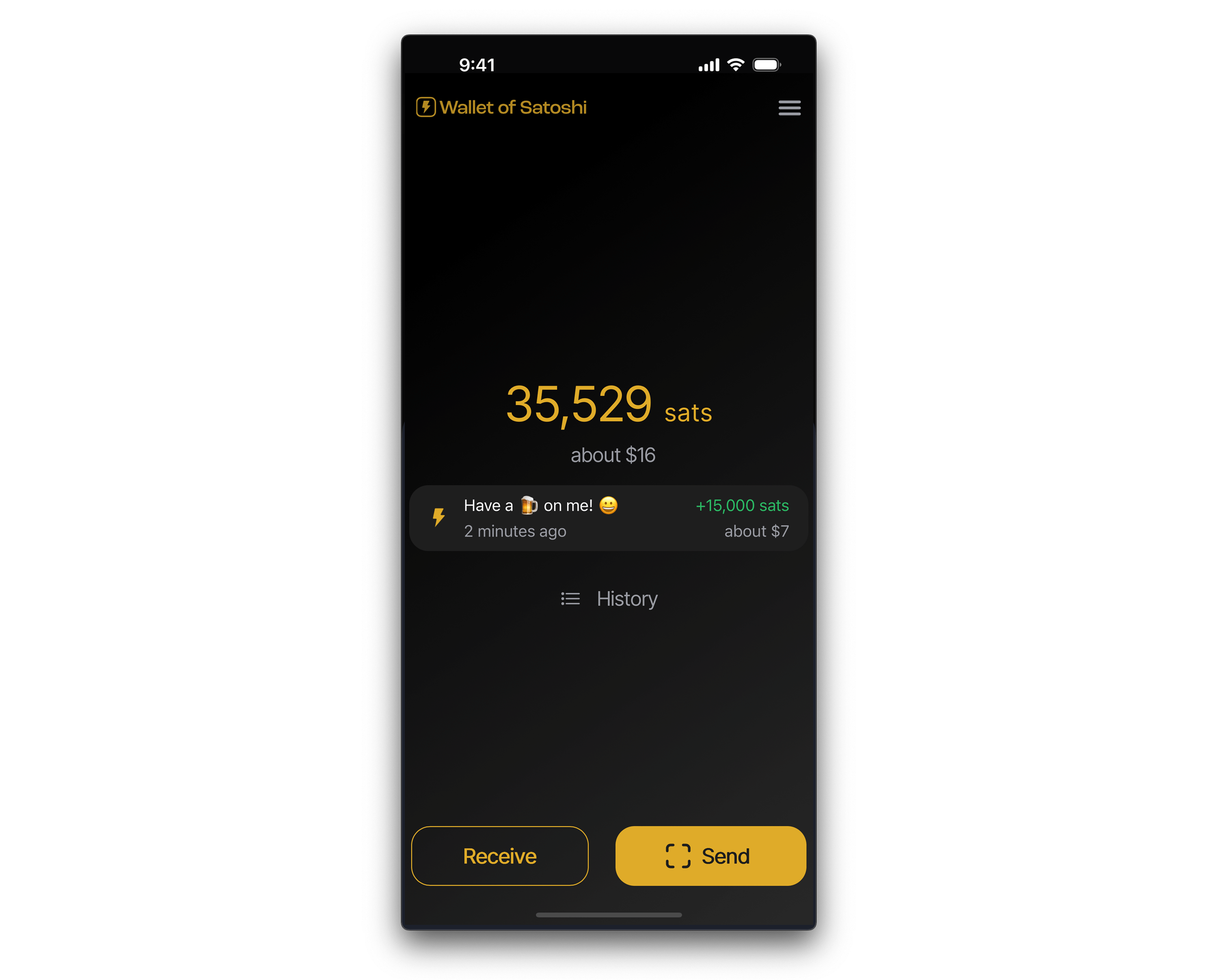 Wallet of Satoshi の初期画面。画面下にある「Send（送信）」ボタンを押すと支払いモードになります。
