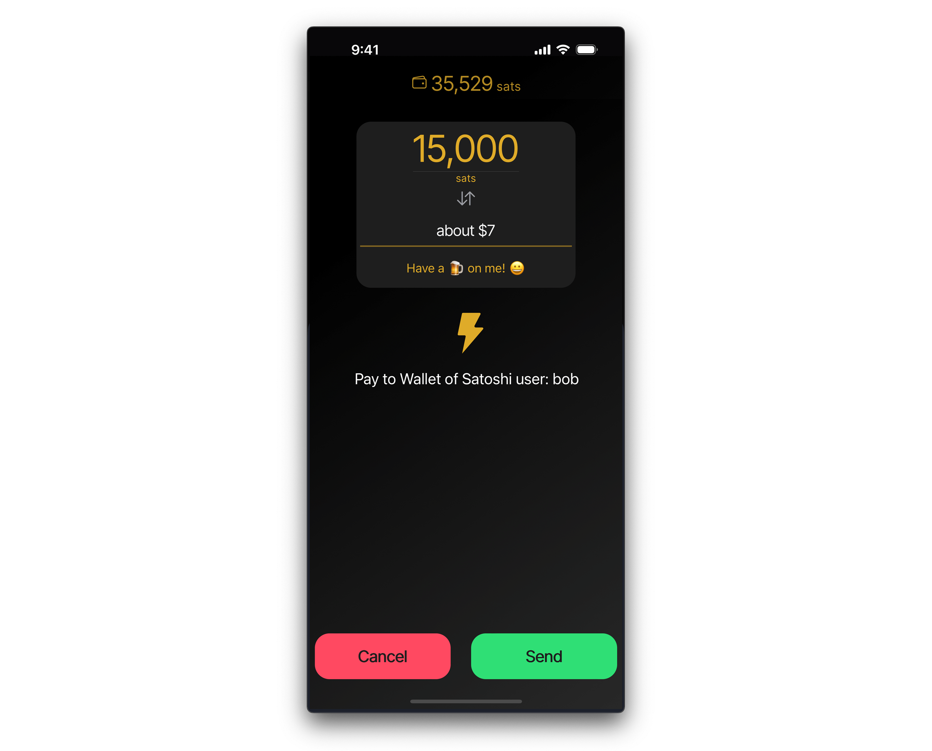 Wallet of Satoshi で支払用の QRコードを読み込むと、送金額の確認画面になりますので、問題なければ「Send（送信）」ボタンを押します。
