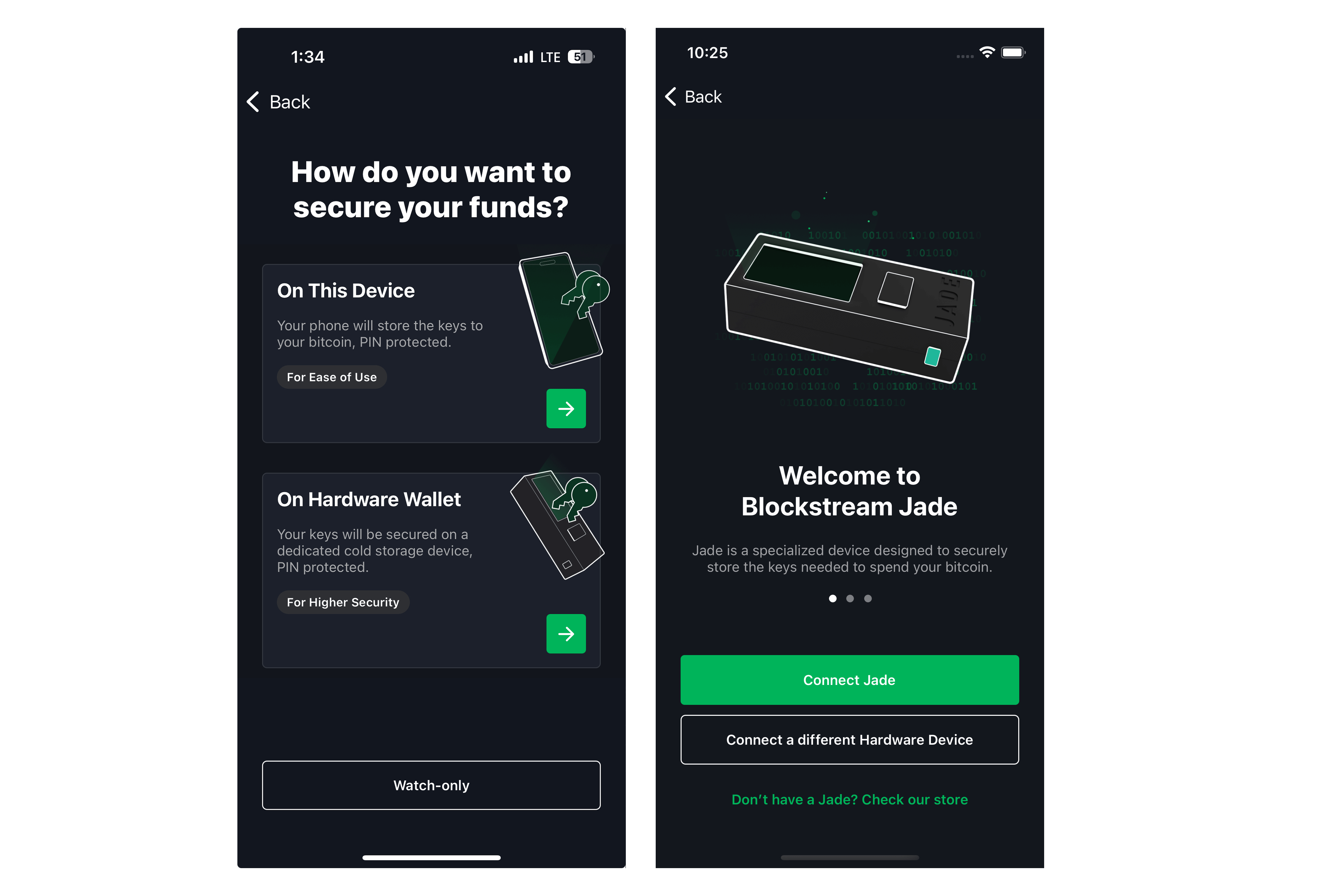 Blockstream Greenを開き、「ウォレットの新規作成」を選択、「On Hardware Wallet」を選択し、その後、「Connect Jade」を選択