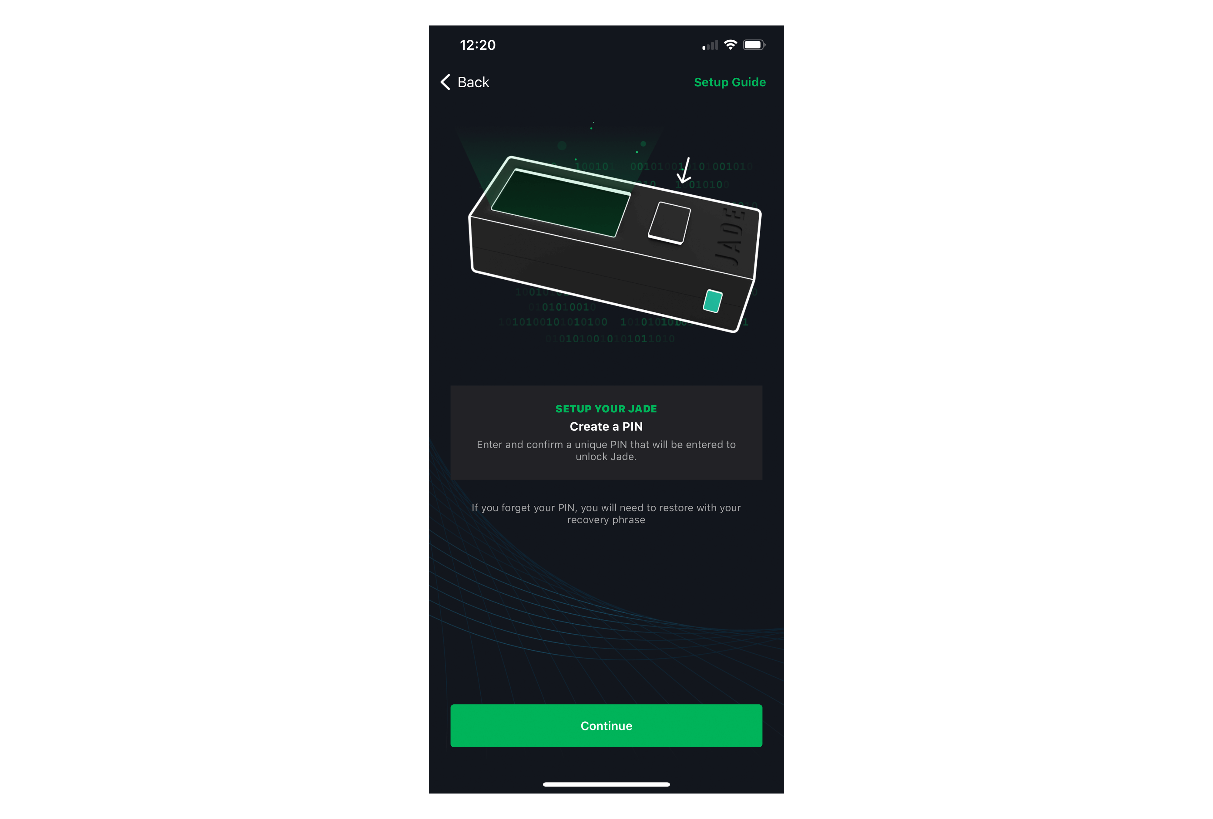 Jade Plus から PIN を設定することを指示する画面