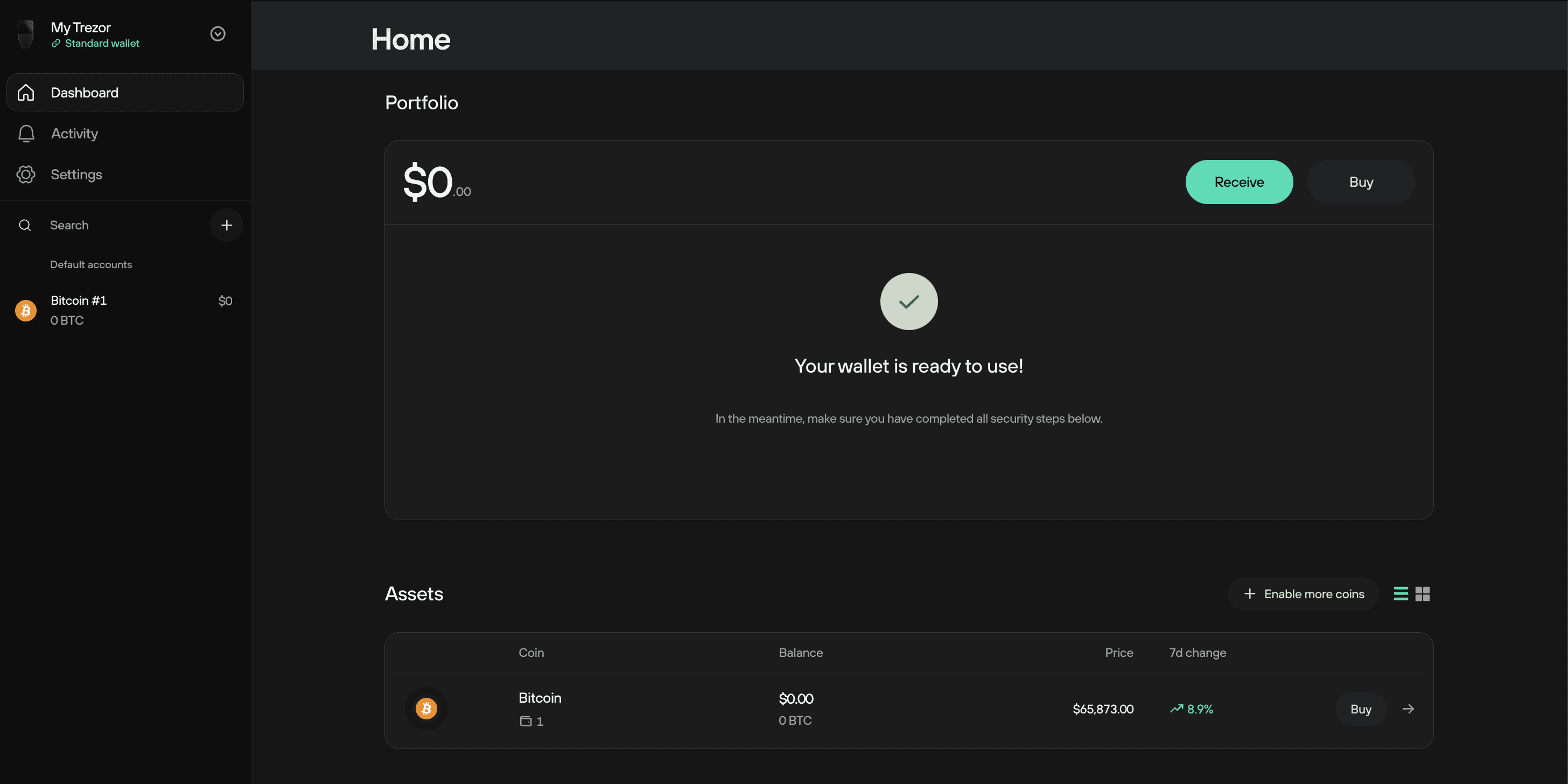 Trezor Suiteダッシュボード画面