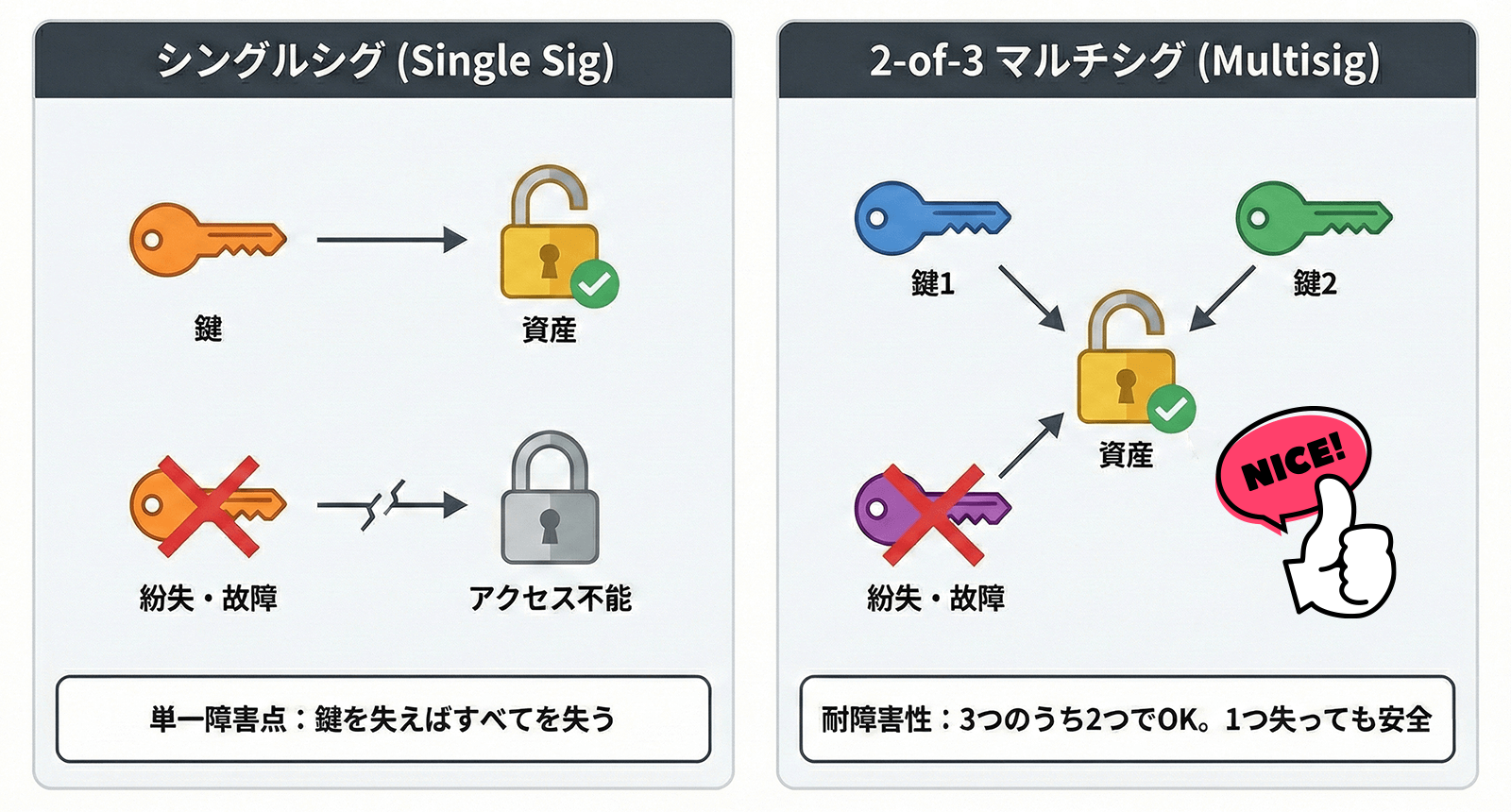 シングルシグとマルチシグの比較図。シングルシグでは1つの鍵が単一障害点となるが、2-of-3マルチシグでは鍵の1つが欠けても残りの鍵2つがあれば復旧可能